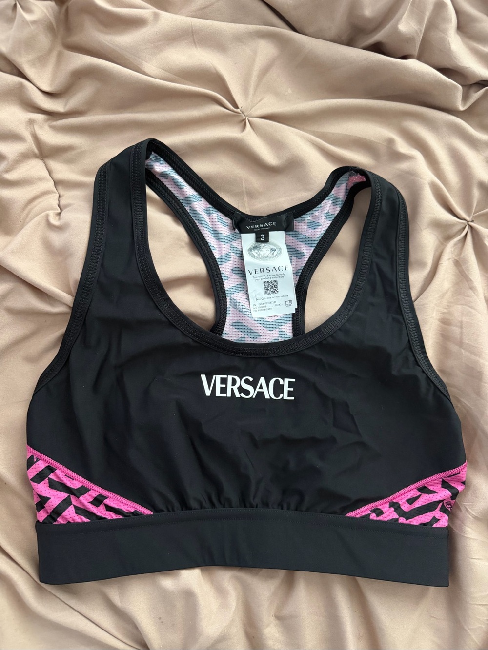 Versace Black Sports Bra with Pink Logo Accents